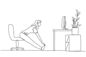 Single continuous line drawing woman sitting in work chair with legs straightened. Exercise following the instructions on the screen. Relaxing during work. Calm. One line design illustration vector