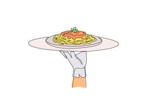Single continuous line drawing the waiter holds a food tray serving spaghetti. A type of pasta that is long, thin and resembles noodles. Typical Italian food. One line design illustration vector