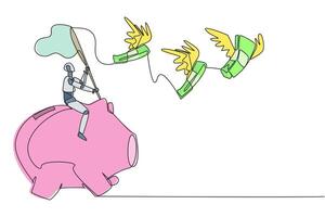 Single continuous line drawing a robot riding piggy bank catch flying banknotes. Financial crisis. Artificial intelligence detects other profit money. Technology. One line design illustration vector