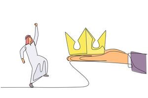 Single continuous line drawing Arabian businessman happy to get the crown from the giant hand. Symbol of the royal throne. Successor to the success of the company. One line design illustration vector