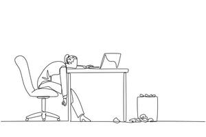 Continuous one line drawing businesswoman sitting in a work chair looking tired. Too tired. Force work. Many deadline reports are wrong. Mentally tired. Single line draw design illustration vector
