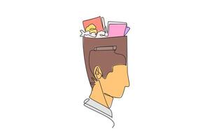 Single continuous line drawing businesswoman's head in the shape of a trash can. Difficulty thinking. Monthly financial reports. Biweekly business report. Stress. One line design illustration vector