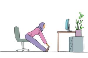 Continuous one line drawing Arabian woman sitting in work chair with legs straightened. Stretching. Flex muscles. Ready to work overtime on the weekend. Single line draw design illustration vector