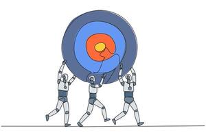 Single continuous line drawing group of robots work together carrying arrow target board. Work together towards a common dream. Focus on being the best. Technology. One line design illustration vector