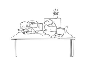 Single continuous line drawing astronaut fell asleep on table with pillow from a pile of papers. Fatigue. Preparing for expedition takes a lot of energy and time. One line design illustration vector