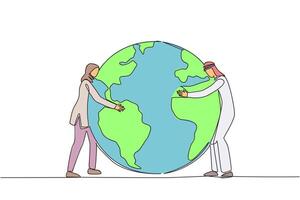 Continuous one line drawing Arabian man and Arabian woman standing hugging earth. Care about protecting the environment. Do not carry out illegal logging. Single line draw design illustration vector