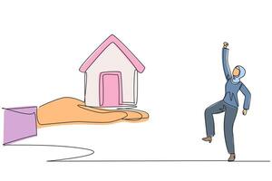 Continuous one line drawing Arab businesswoman excited to get miniature house from giant hand. Challenges need to be better. Investment as well as property. Single line draw design illustration vector