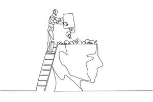 One line drawing of a man climbing up a ladder to reach a brain vector