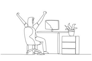 Continuous one line drawing the woman sit on chair opening and raising her hands. Squirming. Doing stiff stretches in the muscles of the hands and body. Single line draw design illustration vector