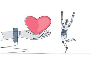 Continuous one line drawing a robot happy to get love from the giant hand. Sympathy. Awe of the amazing artificial intelligence. Future technology concept. Single line draw design illustration vector