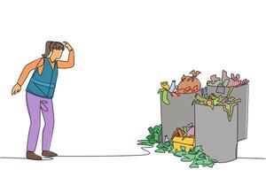 Single one line drawing trash woman scratched head looking at several trash cans full. Final waste dumps are full. Household waste also piles up. Confusion. Continuous line design graphic illustration vector