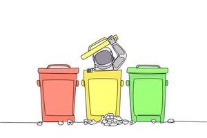 Single continuous line drawing astronaut peeking out of the trash can, there were lots of wads of paper. Failed expedition. Embarrassed. Cosmic galaxy outer space. One line design illustration vector