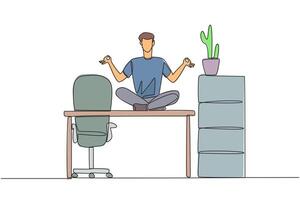 Single continuous line drawing man sitting cross-legged on a work desk. Round the fingers on both hands. Meditation to relax the mind. Work overtime on weekends. One line design illustration vector