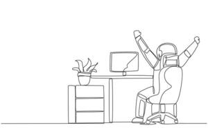 Continuous one line drawing astronaut sit on chair opening and raising his hands. Stretching. Squirming. Releasing fatigue due to lots of work. Spaceman. Single line draw design illustration vector