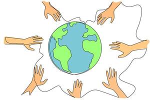 Single continuous line drawing some hands want to hold the globe. Rescue symbol. Volunteers save the earth. Plant trees. For better earth. World environment day. One line design illustration vector
