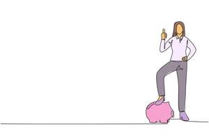 Single one line drawing businesswoman stands with thumbs up pose and steps on piggy bank with one of foot. Successful. Investment value increases rapidly. Continuous line design graphic illustration vector