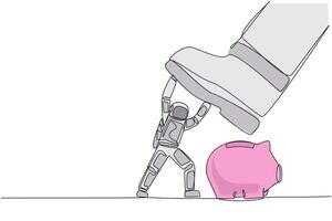 Continuous one line drawing astronaut holds back giant foot wants to step on piggy bank. Precautions not to disrupt preparations for space expeditions. Single line draw design illustration vector