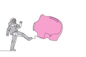 Single continuous line drawing young astronaut kicking the piggy bank. Full of anger. The savings prepared are still not enough to fund a space expedition. Galaxy. One line design illustration vector