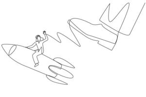 Single one line drawing Arab businessman riding rocket flies away from the giant foot. Continue to open new business branches despite the large disruption. Continuous line design graphic illustration vector