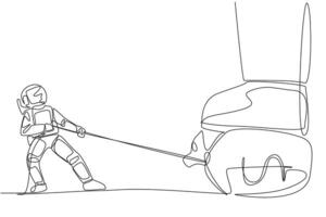Single one line drawing astronaut tries to take money bag stepped on by giant foot with the rope. Withdraw large amounts of emergency funds. Cosmonaut. Continuous line design graphic illustration vector