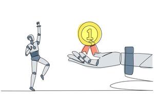 Continuous one line drawing a smart robot was happy to get medal award from giant hand. Win the competition. Interesting achievement. Future technology. Single line draw design illustration vector