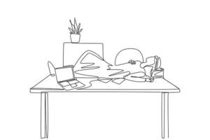 Single continuous line drawing Arabian man fell asleep on the table with a pillow from a pile of papers. Relaxing. Too tired from too much work. A short break. One line design illustration vector