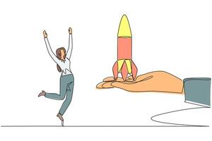 Continuous one line drawing the businesswoman is happy to get rocket from the giant hand. Get an offer to manage the newest business that will open soon. Single line draw design illustration vector