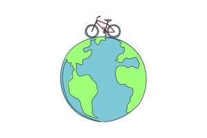 Single continuous line drawing bike on a globe. Vehicles without harmful exhaust gases. Environmentally friendly vehicle. Healthy vehicle. World environment day. One line design illustration vector