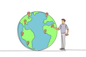 Single one line drawing man places a pin location point on surface of globe. Mapping areas that are very important for immediate tree planting. Earth day. Continuous line design graphic illustration vector
