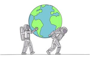 Continuous one line drawing globe is carried by astronaut assisted by others who holds it. Cosmonauts work together to protect the earth. Environment care. Single line draw design illustration vector