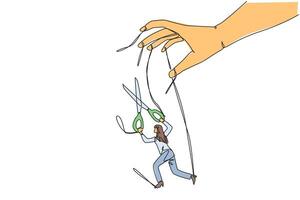 Continuous one line drawing businesswoman walking moved by ropes controlled by giant hands. Cut ropes to escape. Free expression to do business. Freedom. Single line draw design illustration vector