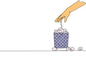 Single one line drawing hand throws wadded paper into wire mesh trash can. Always fail to write down ideas. A lot of paper is wasted. Wasteful. Stagnant. Continuous line design graphic illustration vector