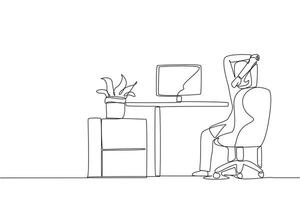 Continuous one line drawing Arab woman sitting in a work chair warming up hands above her head. Stretch watching streaming . Stay active even if busy. Single line draw design illustration vector