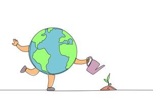 Continuous one line drawing globe watering plant seed. Plant plants with joy. Maintain air purity. Protecting the ecosystem. Keep the planet green. Save. Single line draw design illustration vector