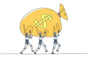 Single one line drawing a group of robots work together to carrying money bag. Solid cooperation provides many benefits. Technology artificial intelligence. Continuous line design graphic illustration vector