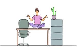 Single one line drawing woman sitting cross-legged on a work desk. Doing yoga movements at the office. For peace and quiet thinking. Overtime on weekend. Continuous line design graphic illustration vector