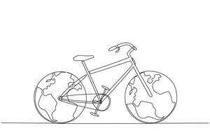 Continuous one line drawing a bicycle with two globes replacing the tires. The concept of a vehicle that is friendly to the earth. Free from pollution. Single line draw design illustration vector