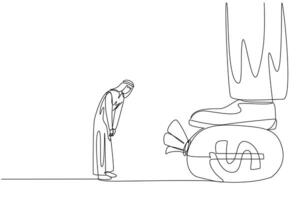 Continuous one line drawing Arabian businessman nodded in front of the giant foot stepping on the money bag. Give orders to make large profits. Obedient. Single line draw design illustration vector