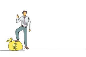 Single continuous line drawing businessman stands with thumbs up pose and steps on the money bag with one of his foot. Victory expression. Successful. Achievement. One line design illustration vector