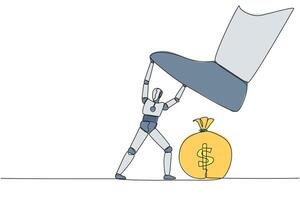 Continuous one line drawing the new robot holds back the giant foot that wants to step on the money bag. Test artificial intelligence to maintain profits. Single line draw design illustration vector
