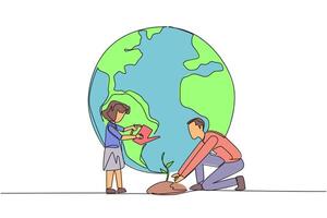 Continuous one line drawing girl standing watering the plants. Teaching environmental care from an early age. World environment day. Earth day. Protect. Single line draw design illustration vector