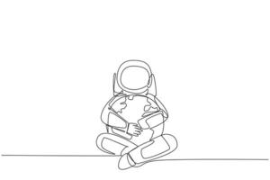 Single one line drawing astronaut sitting hugging globe. The expedition made realize that the earth should be loved more and more. Cosmic. Love the planet. Continuous line design graphic illustration vector