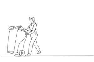 Single one line drawing businesswoman pushing a trash can filled with wads of paper. Throw away unimportant documents that are no longer used. Cleanliness. Continuous line design graphic illustration vector