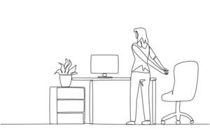 Single continuous line drawing woman stands with her hands behind her back. Avoid serious injuries due to rarely exercising. Take time to stretch at the office. One line design illustration vector