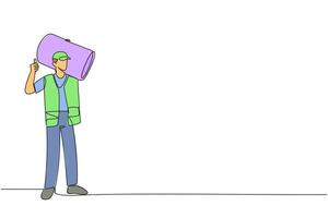 Single one line drawing trash man carrying a trash can giving a thumbs up. Enthusiastic and cheerful when cleaning the environment. Good responsibility. Continuous line design graphic illustration vector