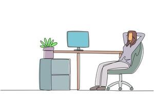 Single one line drawing relaxed woman sitting in a work chair with her hands behind her head. Relax at break time. Monitor work that is still incomplete. Continuous line design graphic illustration vector