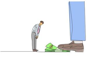 Single continuous line drawing businessman nodded in front of giant foot stepping on stack of banknotes. Request permission from investors to disburse reserve fund. One line design illustration vector