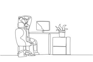 Single one line drawing astronaut sitting in a work chair warming up his hands above his head. Stretching. The space expedition schedule is getting closer. Continuous line design graphic illustration vector