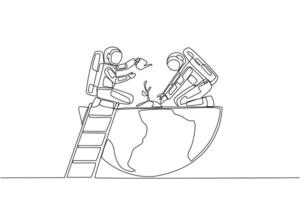 Continuous line drawing of two astronauts on the earth vector