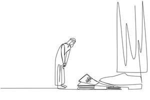 Single one line drawing Arabian businessman nodded in front of giant foot stepping on stack of banknotes. Receive orders to use capital as best as possible. Continuous line design graphic illustration vector
